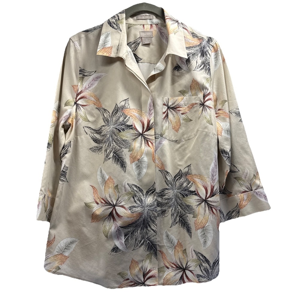 Chicos Womens Top Blouse Sz Small Beige Floral 3/4 Sleeves Button Up 100% Cotton